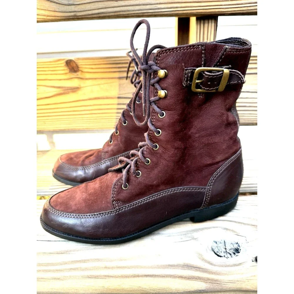 Vintage Nine West America Bancker Combat Ankle Boots Brown Leather Suede Zip 8M